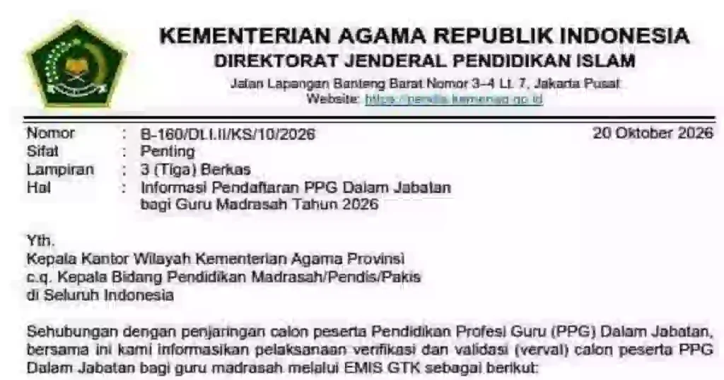 Jadwal Pendaftaran Verval PPG Dalam Jabatan bagi Guru Madrasah Tahun 2026