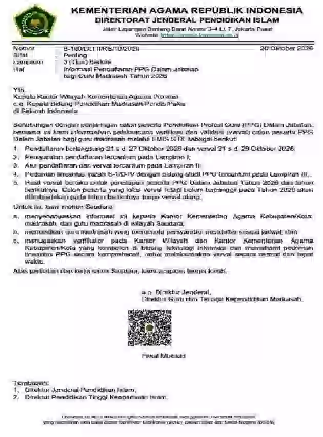 Jadwal Pendaftaran Verval PPG Daljab bagi Guru Madrasah Tahun 2026